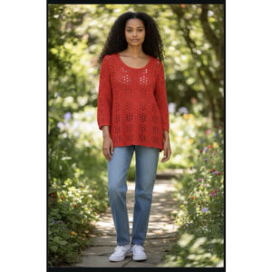 MK Christina Orange Rayon Cotton Blend Crochet Sleeve Overlay Blouse XL